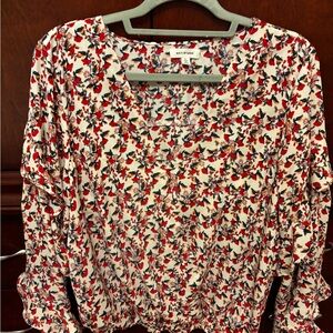Max Studio Women's Floral Blouse - Red and White with ruffled back and sleeves.